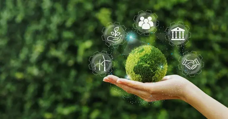 Image of a hand holding a green, moss-covered globe symbolizing Earth, with sustainability icons digitally hovering above it. Icons include symbols for renewable energy, environmental protection, social responsibility, governance, and partnership. The background is a blurred natural setting, emphasizing eco-consciousness and sustainable technology practices.